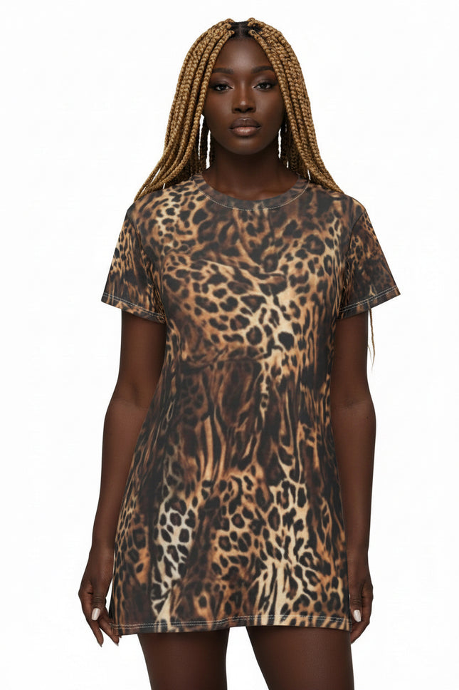 Leopard Print T-Shirt Dress — All-Over Animal Print Mini Dress
