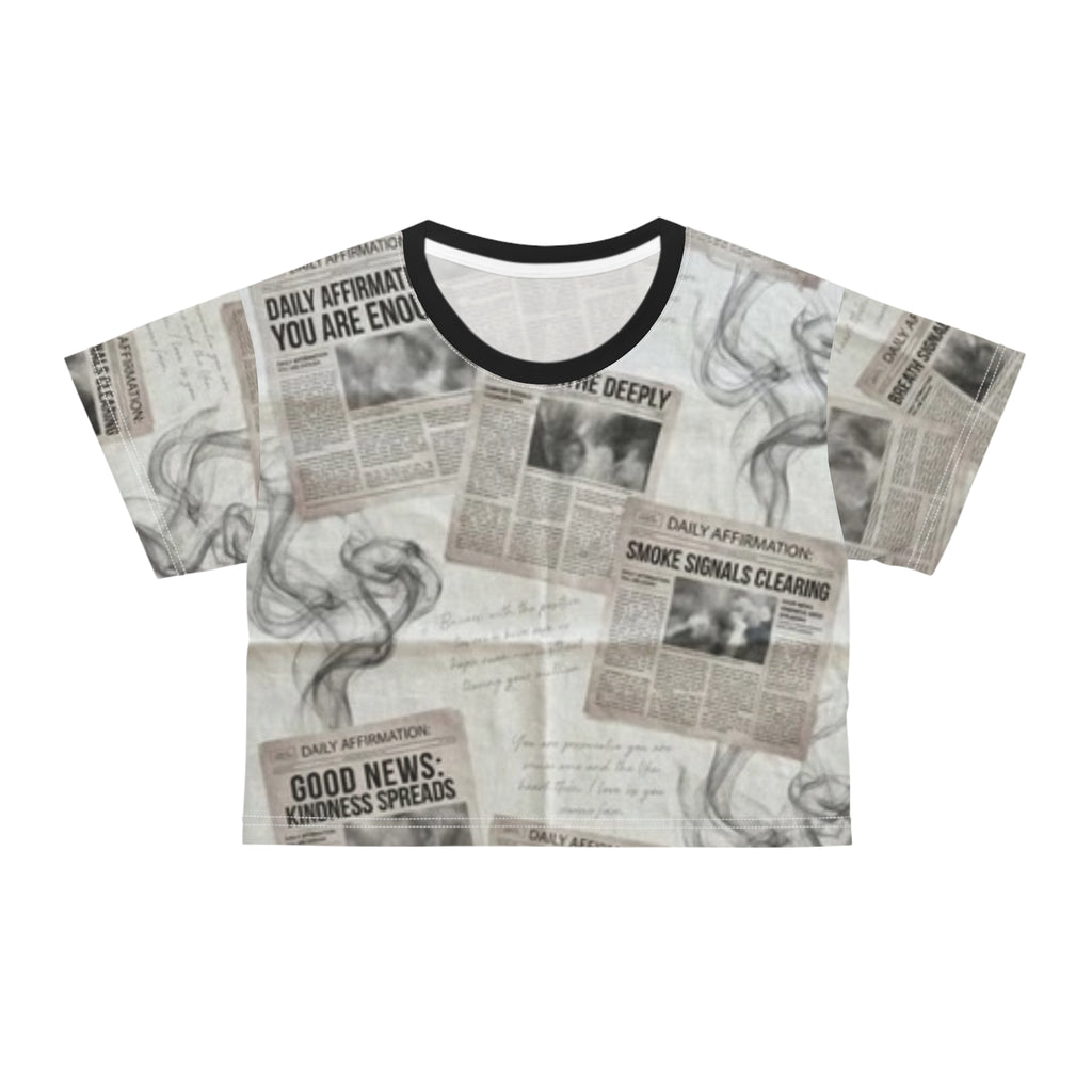 Newspaper Collage Crop Tee — Positive Headlines & Smoke Print