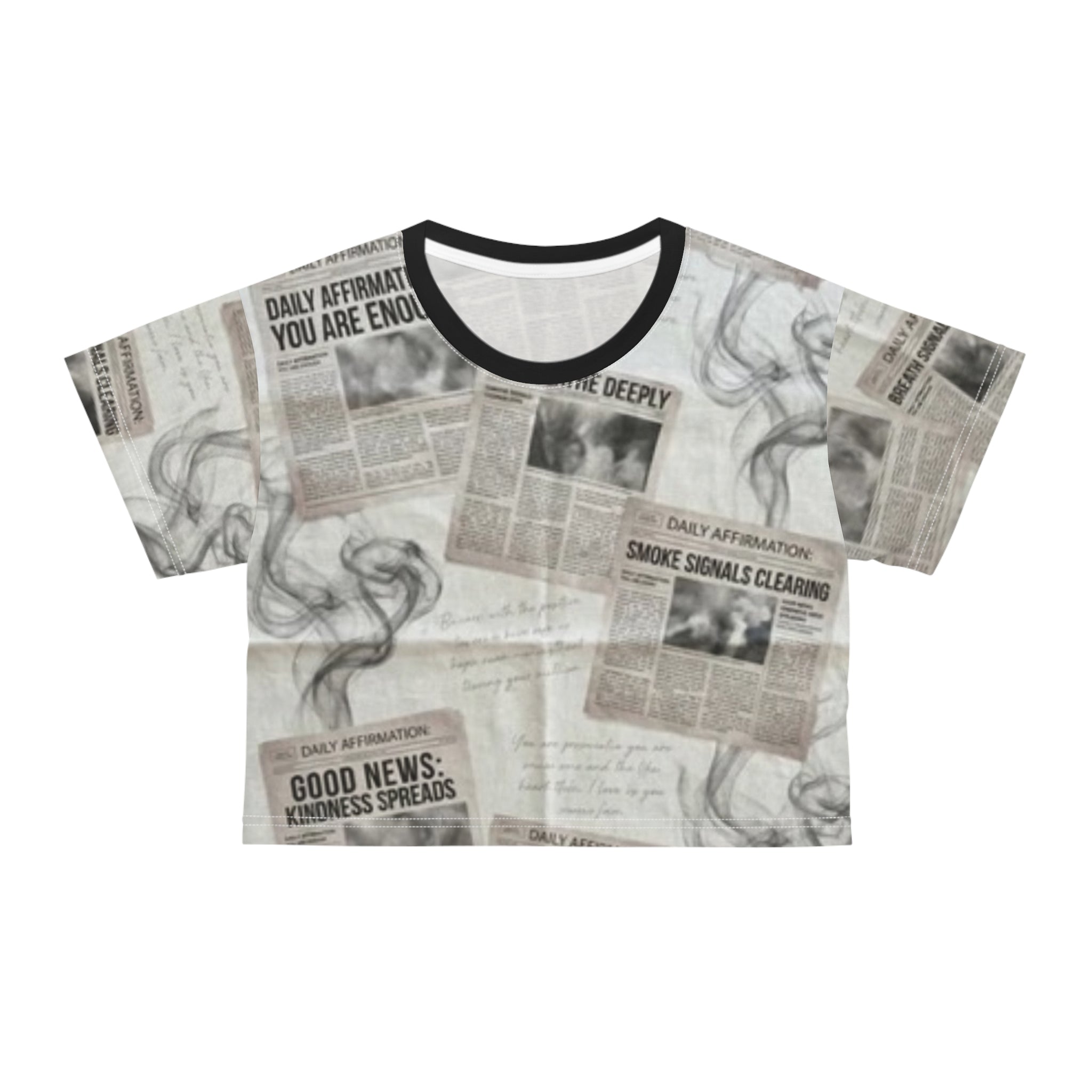 Newspaper Collage Crop Tee — Positive Headlines & Smoke Print