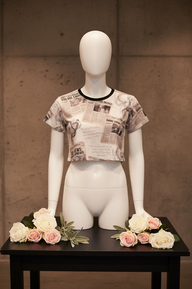 Newspaper Collage Crop Tee — Positive Headlines & Smoke Print