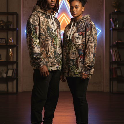 All-Over Print Hoodie — Botanical Science Collage with 'Renew' Eye Motif