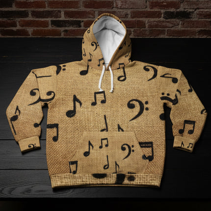 Music Notes All-Over Print Hoodie — Vintage Burlap Musical Pattern