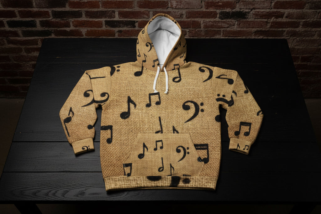 Music Notes All-Over Print Hoodie — Vintage Burlap Musical Pattern