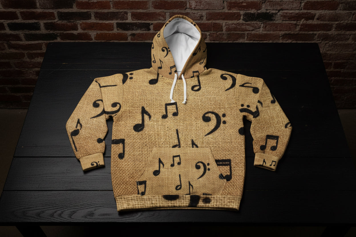 Music Notes All-Over Print Hoodie — Vintage Burlap Musical Pattern