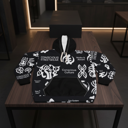 Conscious Streetwear Hoodie — Woke & Aware All-Over Print