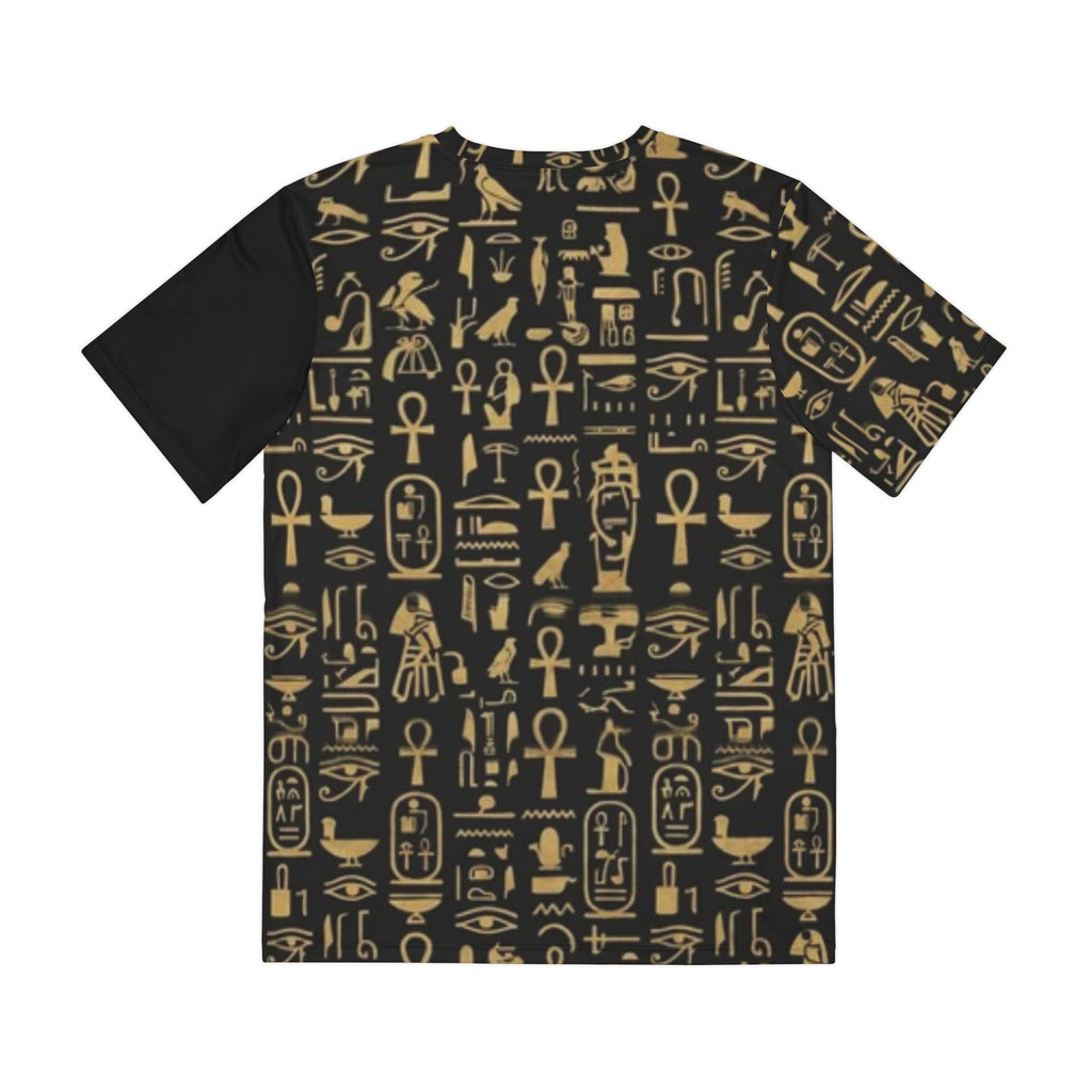Egyptian Hieroglyph Pattern Tee — Gold on Black All-Over Print