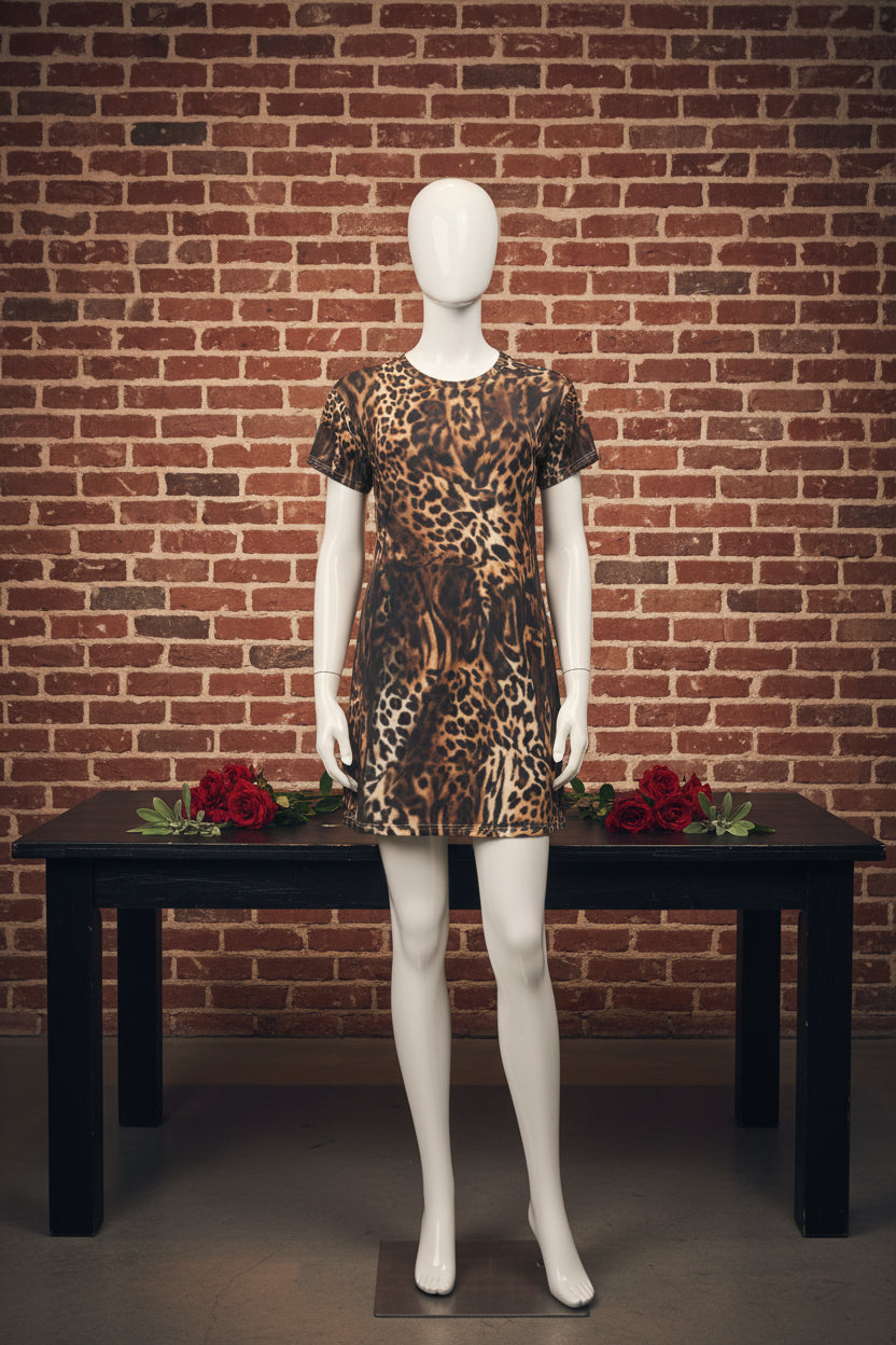 Leopard Print T-Shirt Dress — All-Over Animal Print Mini Dress