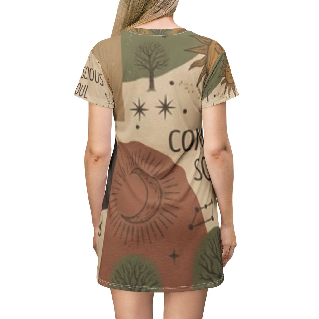 Conscious Soul T‑Shirt Dress — Boho Sun & Moon All‑Over Print