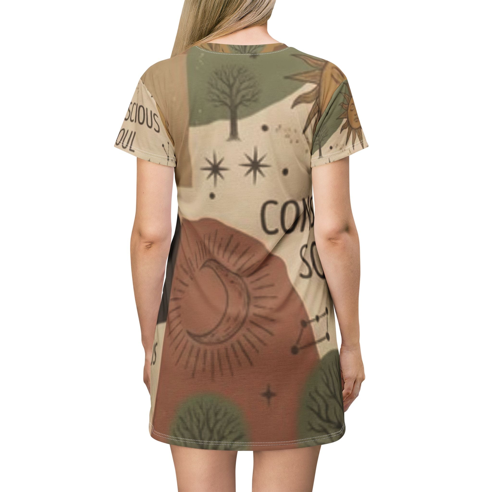 Conscious Soul T‑Shirt Dress — Boho Sun & Moon All‑Over Print