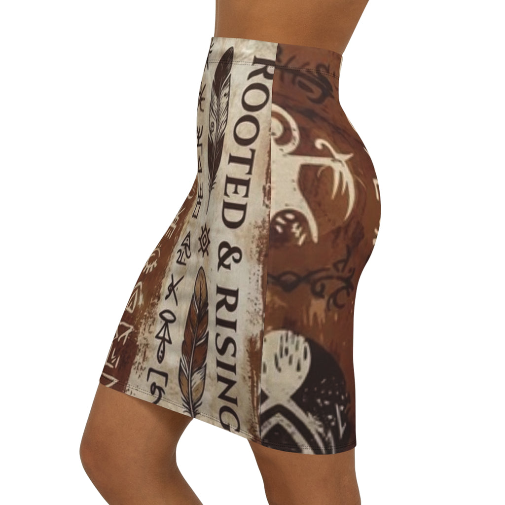 Boho Feather & Rune Mid‑Waist Pencil Skirt — Tribal Symbol Print