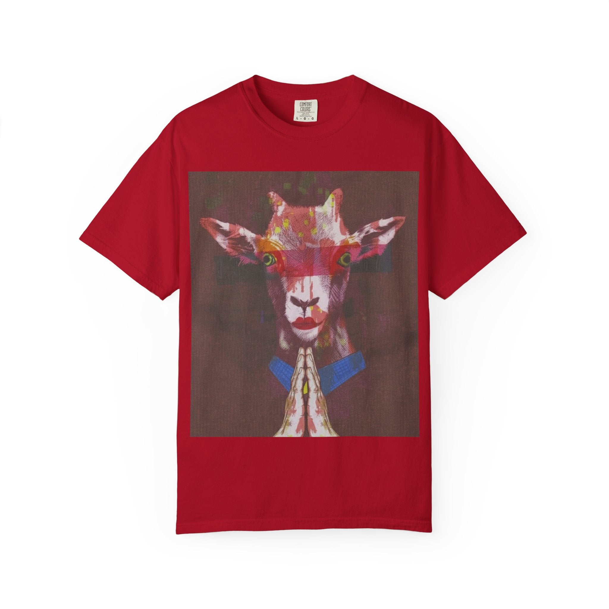 Praying Goat Art T-Shirt — Colorful Surreal Animal Portrait Tee