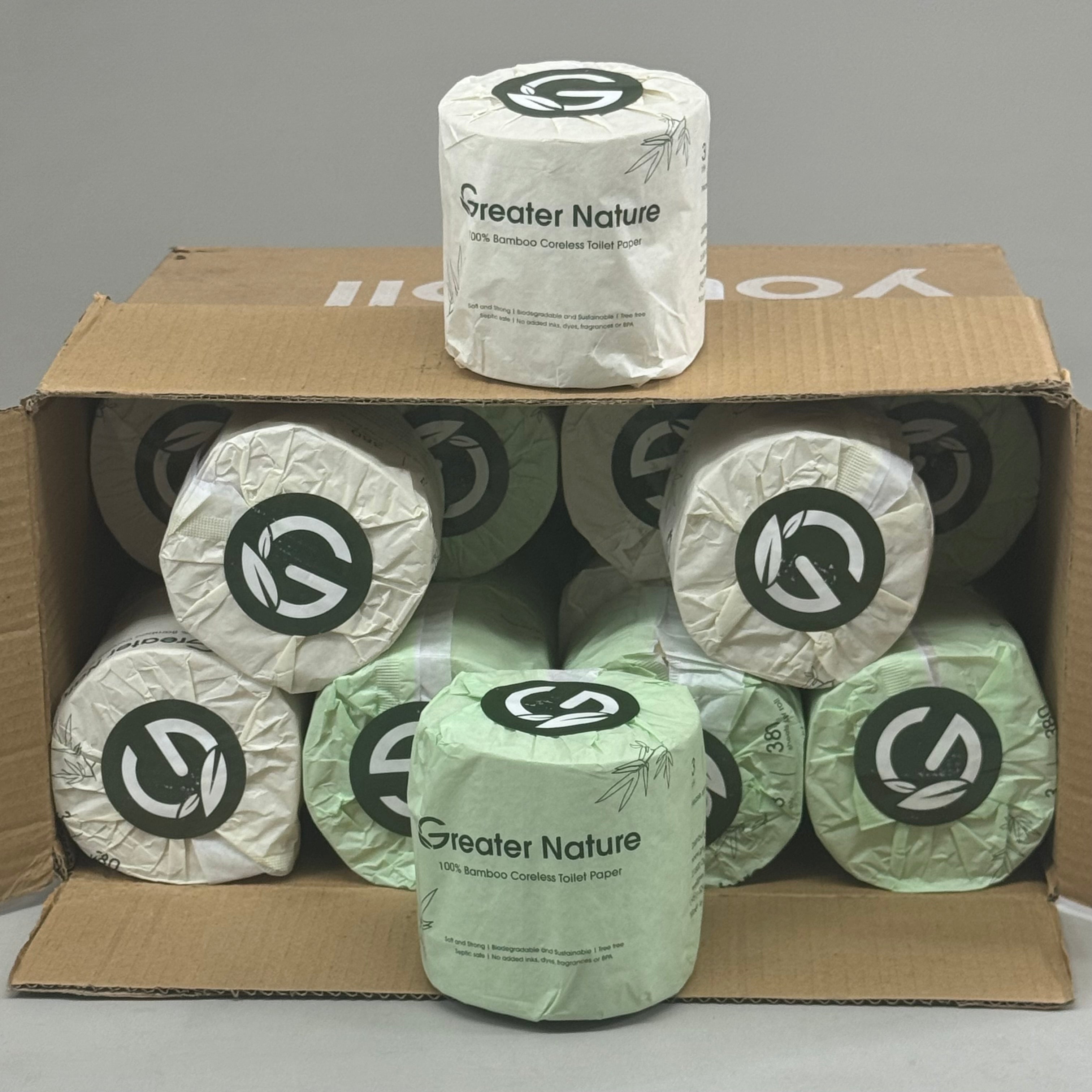 GREAT NATURE (24 Pack) 100% Bamboo Core-less Toilet Paper 3Ply, 380 Sheets Per Roll Green/White