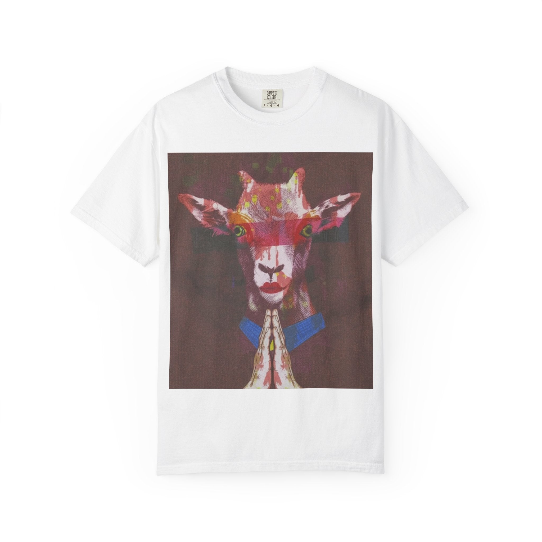 Praying Goat Art T-Shirt — Colorful Surreal Animal Portrait Tee