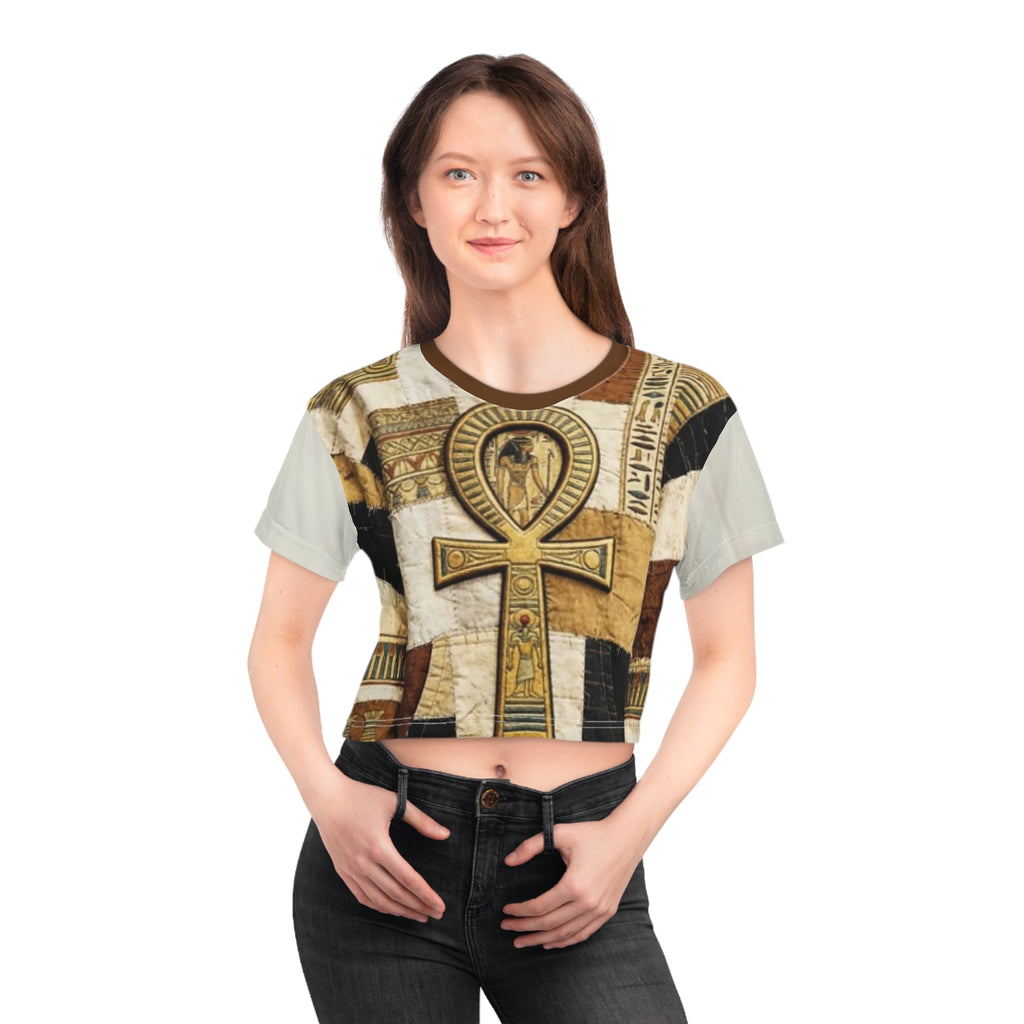 Egyptian print Crop Top Tee — Vintage Ankh & Script All-Over Print