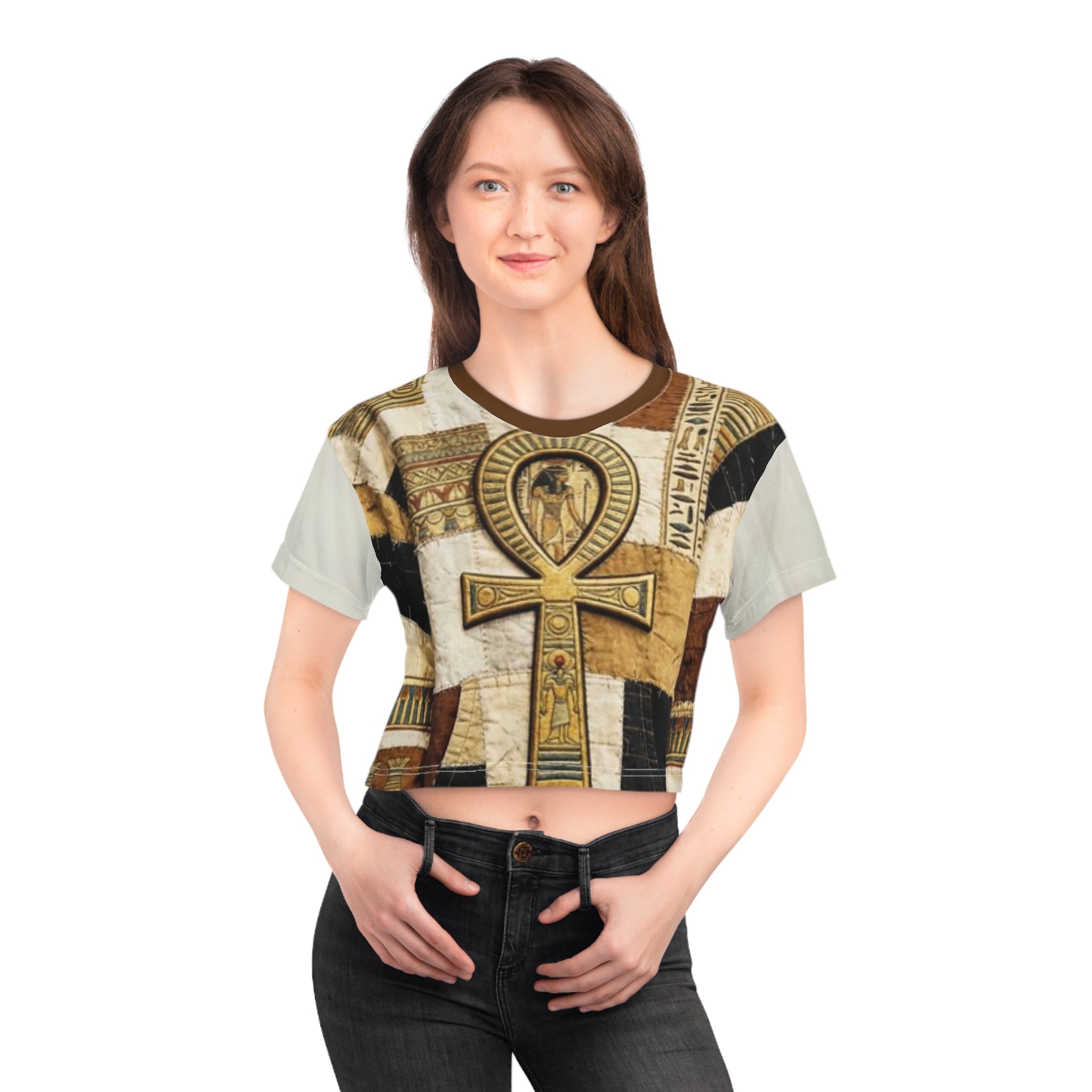 Egyptian print Crop Top Tee — Vintage Ankh & Script All-Over Print