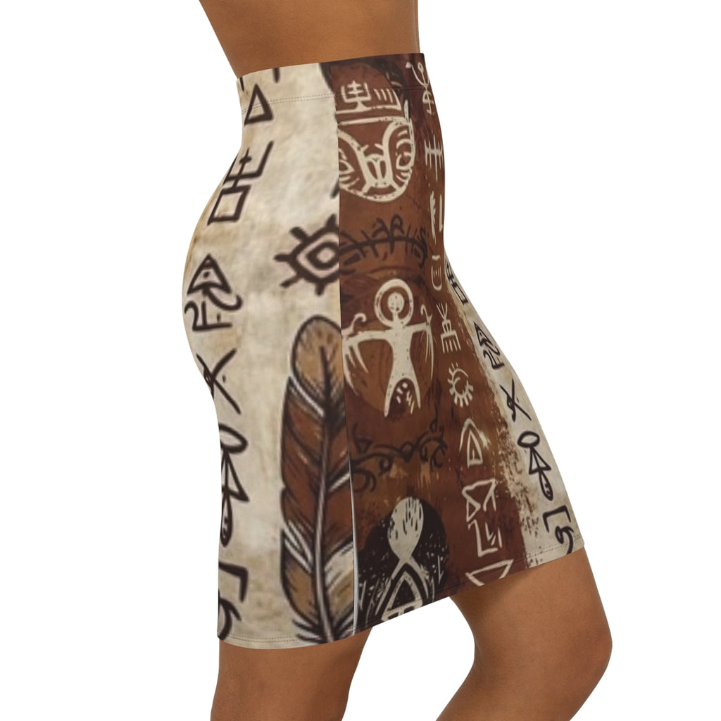 Boho Feather & Rune Mid‑Waist Pencil Skirt — Tribal Symbol Print