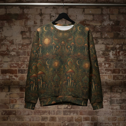 Mystic Mushroom All-Over-Print Sweatshirt — Vintage Sun & Moon Psychedelic Pattern