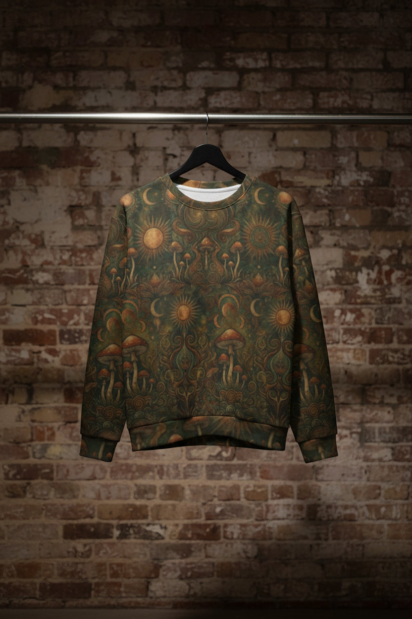 Mystic Mushroom All-Over-Print Sweatshirt — Vintage Sun & Moon Psychedelic Pattern