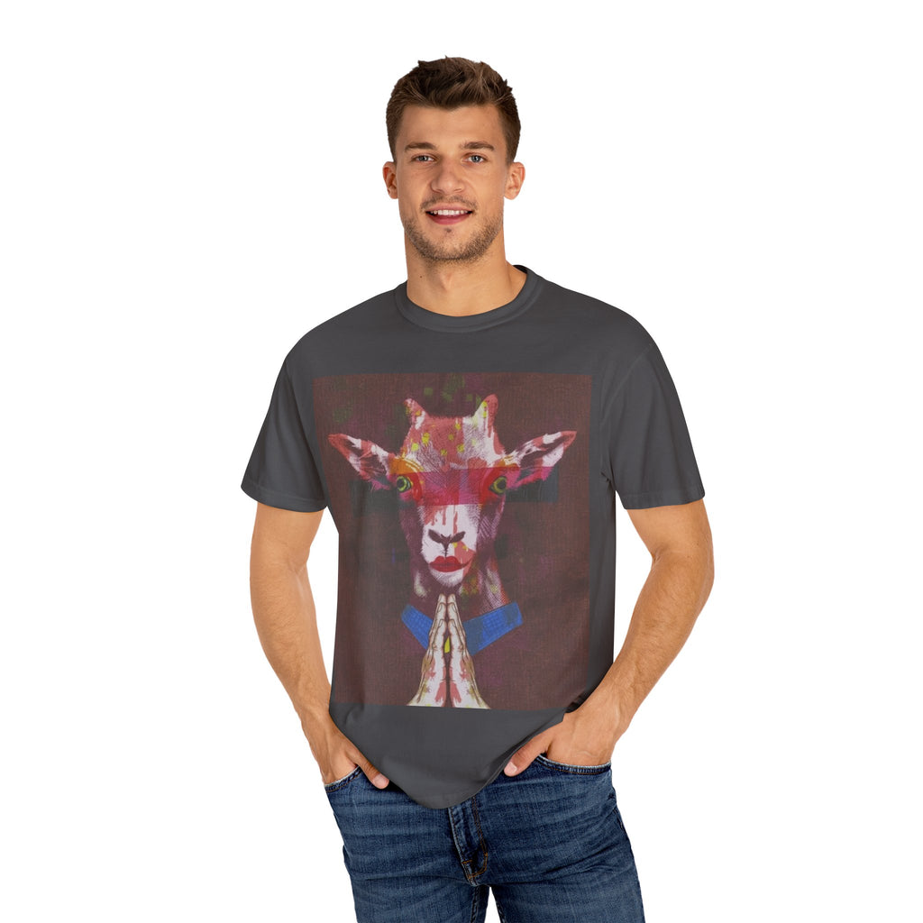 Praying Goat Art T-Shirt — Colorful Surreal Animal Portrait Tee