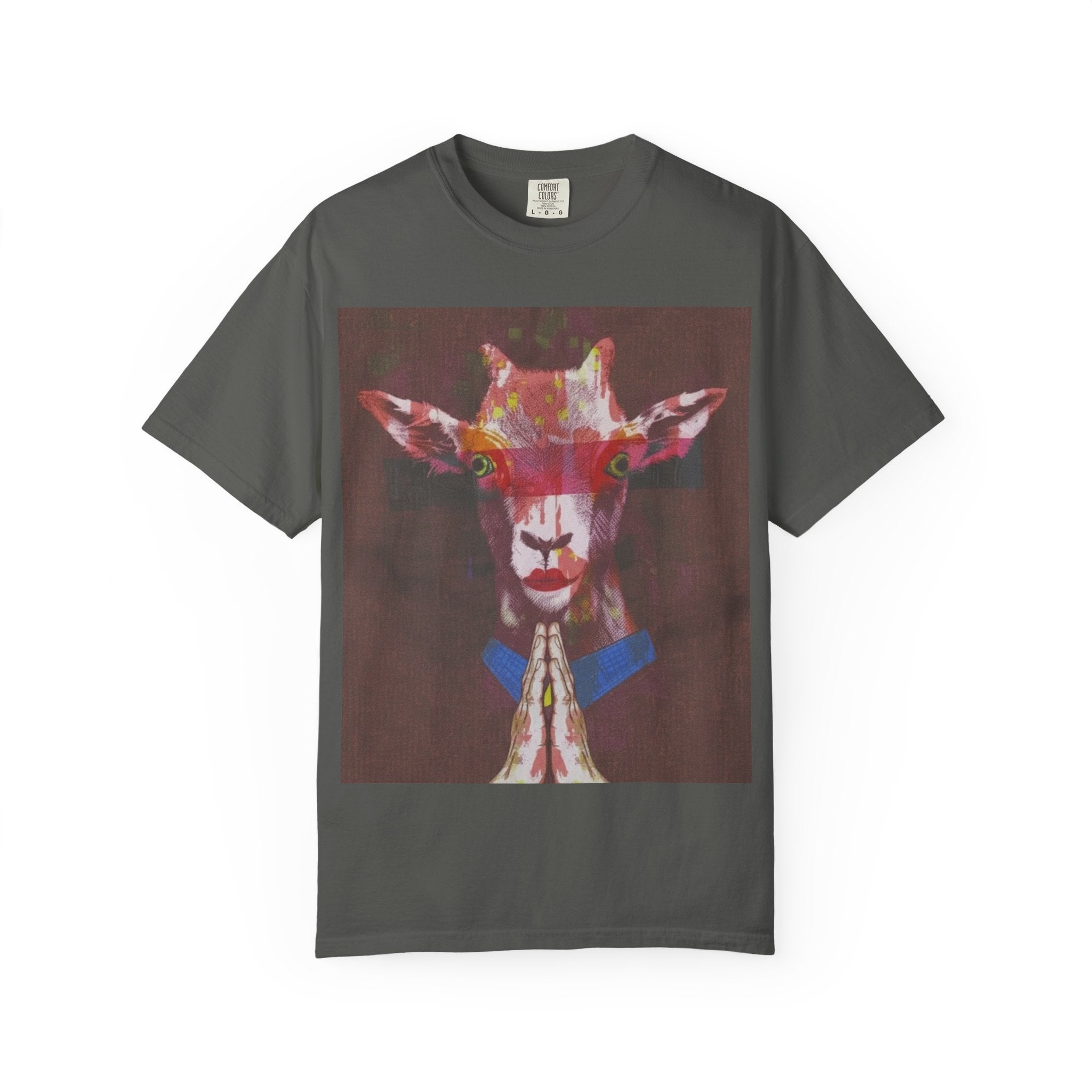 Praying Goat Art T-Shirt — Colorful Surreal Animal Portrait Tee