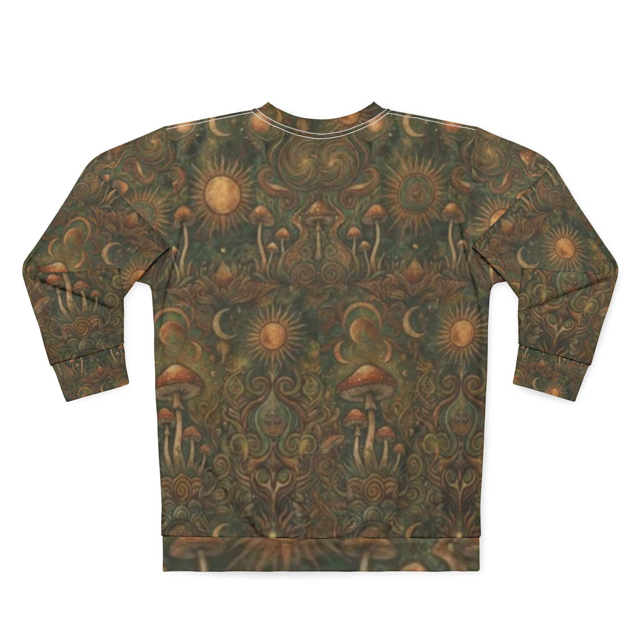 Mystic Mushroom All-Over-Print Sweatshirt — Vintage Sun & Moon Psychedelic Pattern