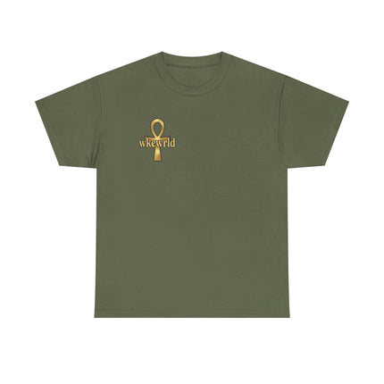 Ankh Logo Tee — Gold "wkewrld" Graphic T-Shirt