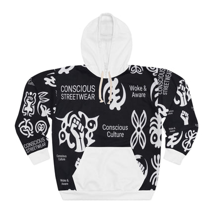 Conscious Streetwear Logo Hoodie – Black & White Symbol Pattern