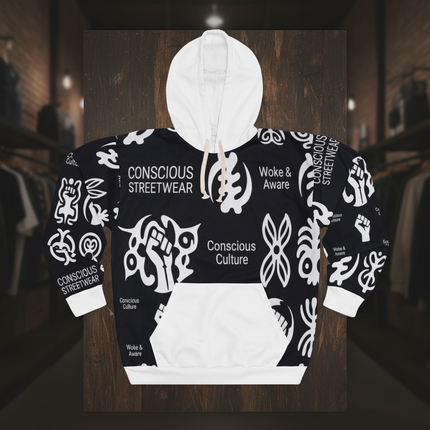 Conscious Streetwear Logo Hoodie – Black & White Symbol Pattern