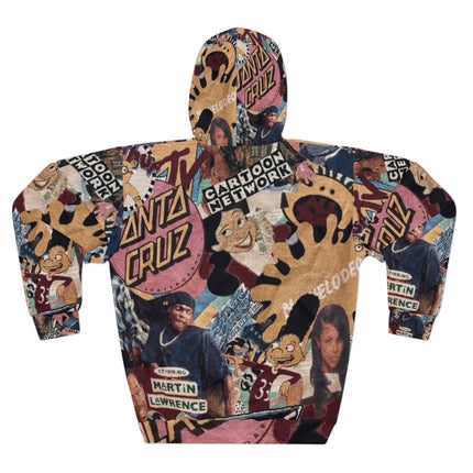 90s Cartoon Themed All-Over Print Hoodie — Vintage Burlap Musical Pattern