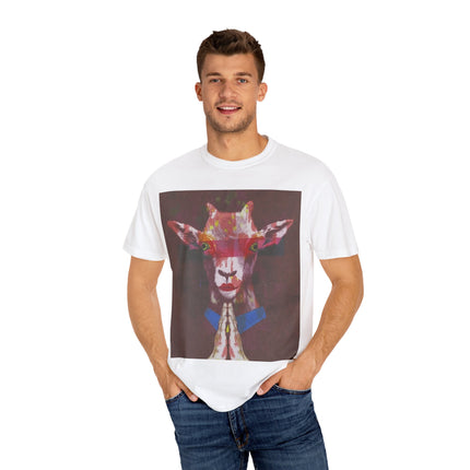 Praying Goat Art T-Shirt — Colorful Surreal Animal Portrait Tee