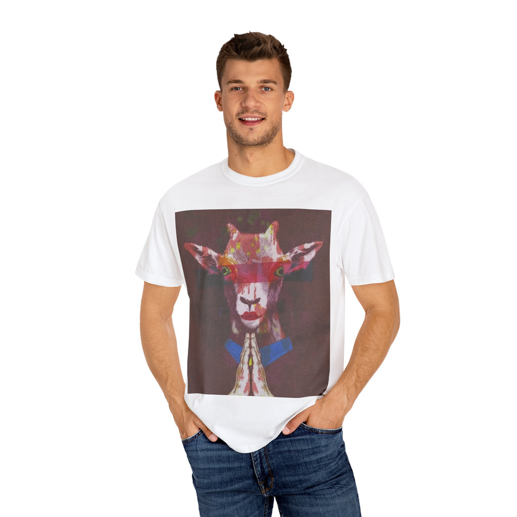 Praying Goat Art T-Shirt — Colorful Surreal Animal Portrait Tee