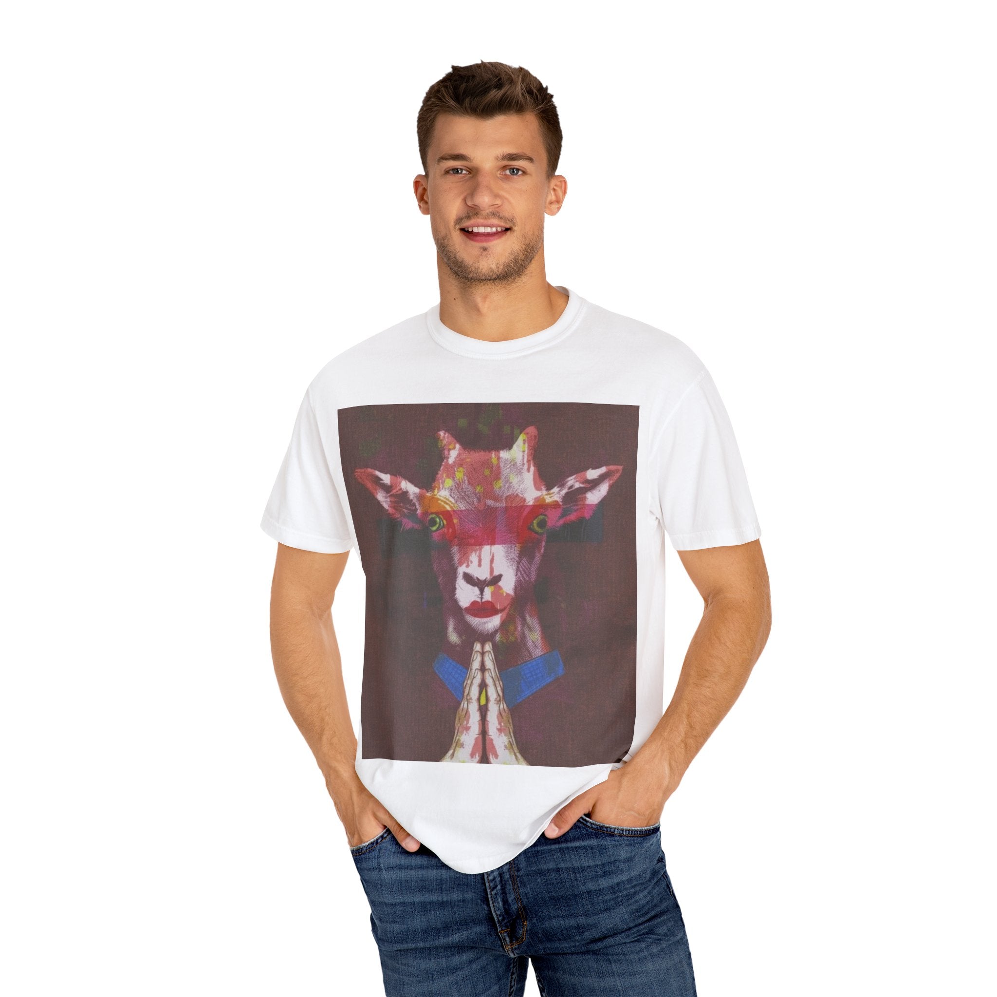 Praying Goat Art T-Shirt — Colorful Surreal Animal Portrait Tee