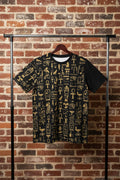 Egyptian Hieroglyph Pattern Tee — Gold on Black All-Over Print