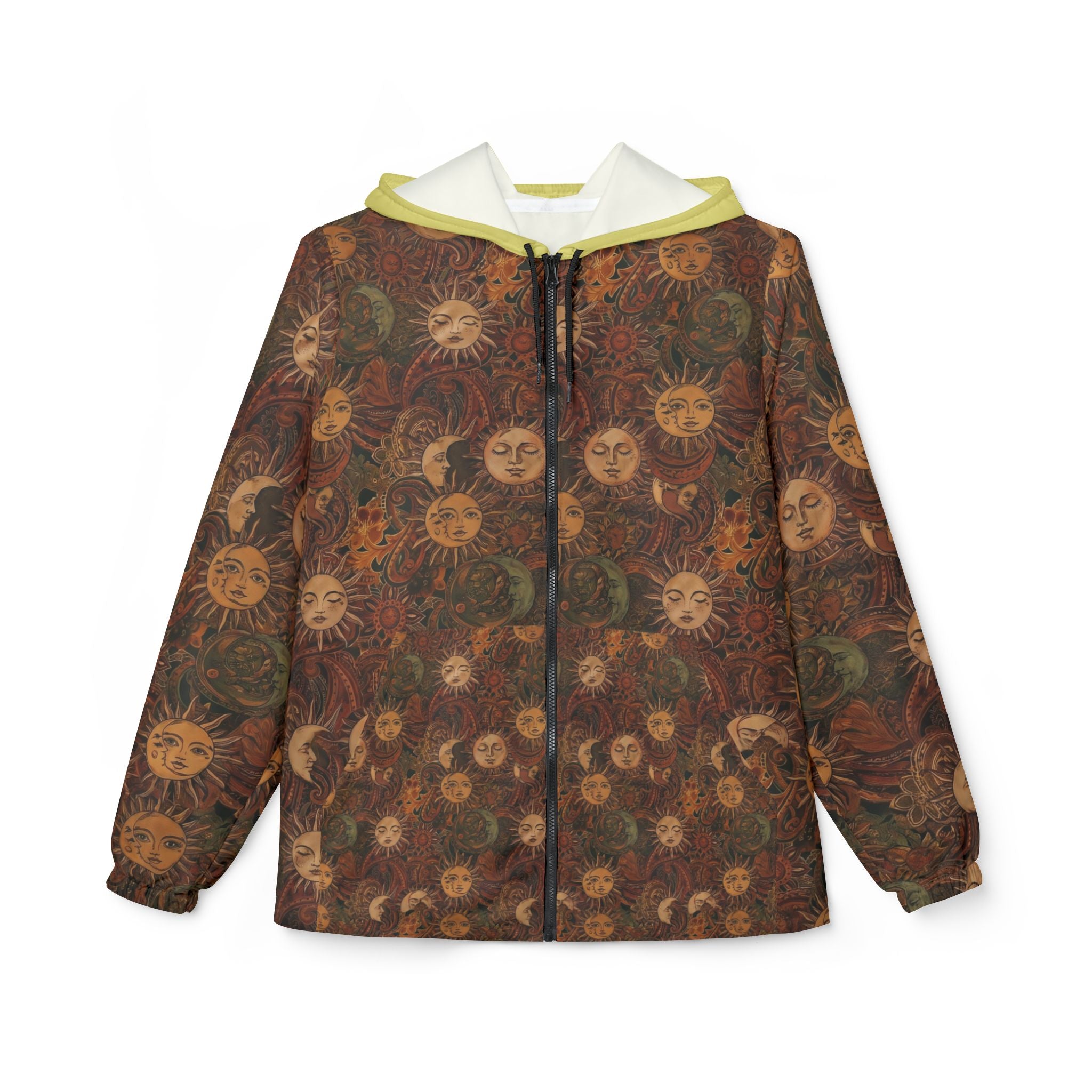 Sun & Moon Pattern Windbreaker Jacket — Boho Celestial Hooded Outerwear