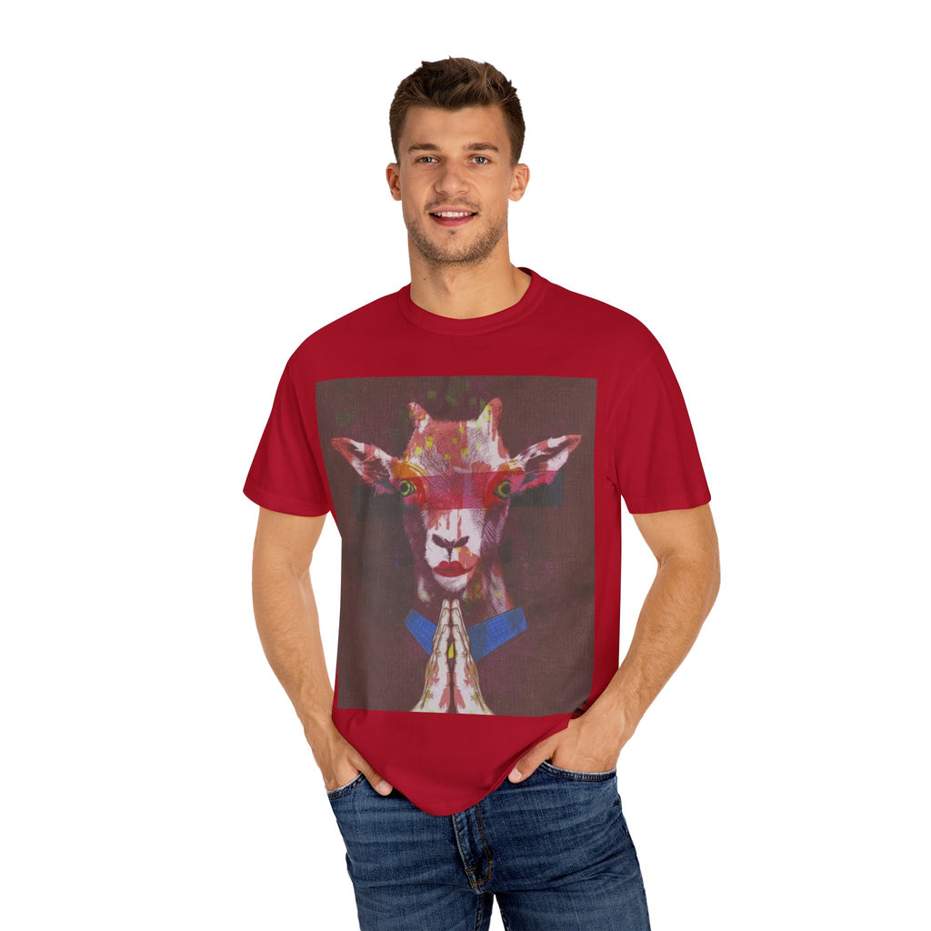 Praying Goat Art T-Shirt — Colorful Surreal Animal Portrait Tee
