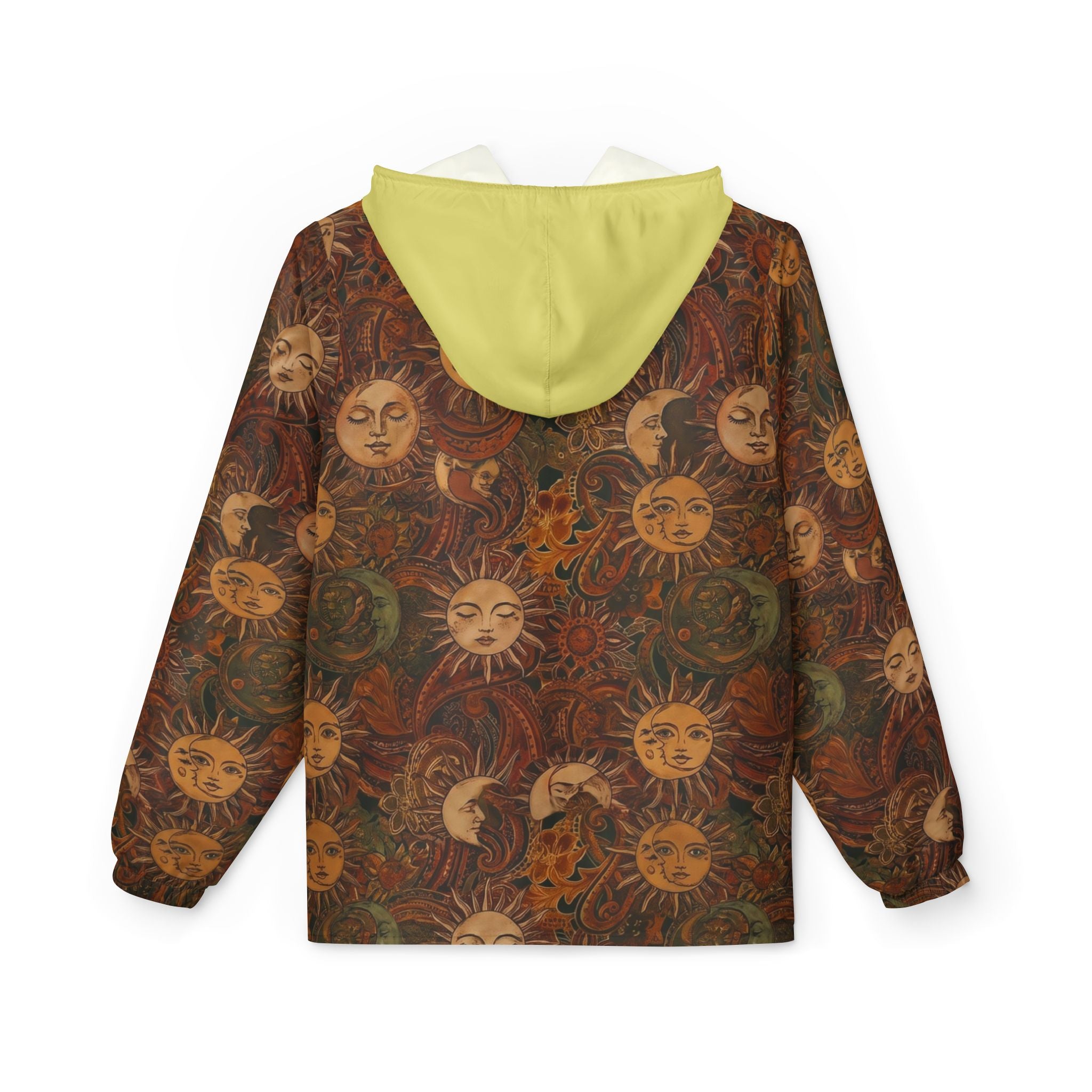Sun & Moon Pattern Windbreaker Jacket — Boho Celestial Hooded Outerwear