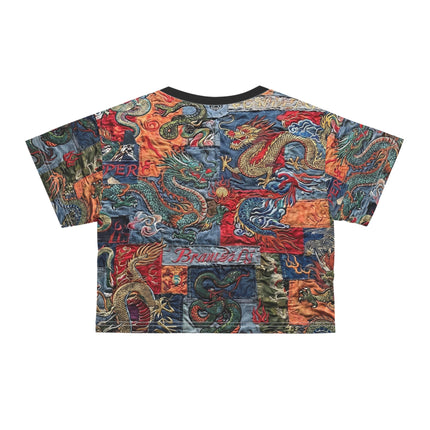 Dragon Patchwork Crop Tee — Vintage Asian Tattoo Inspired All-Over Print