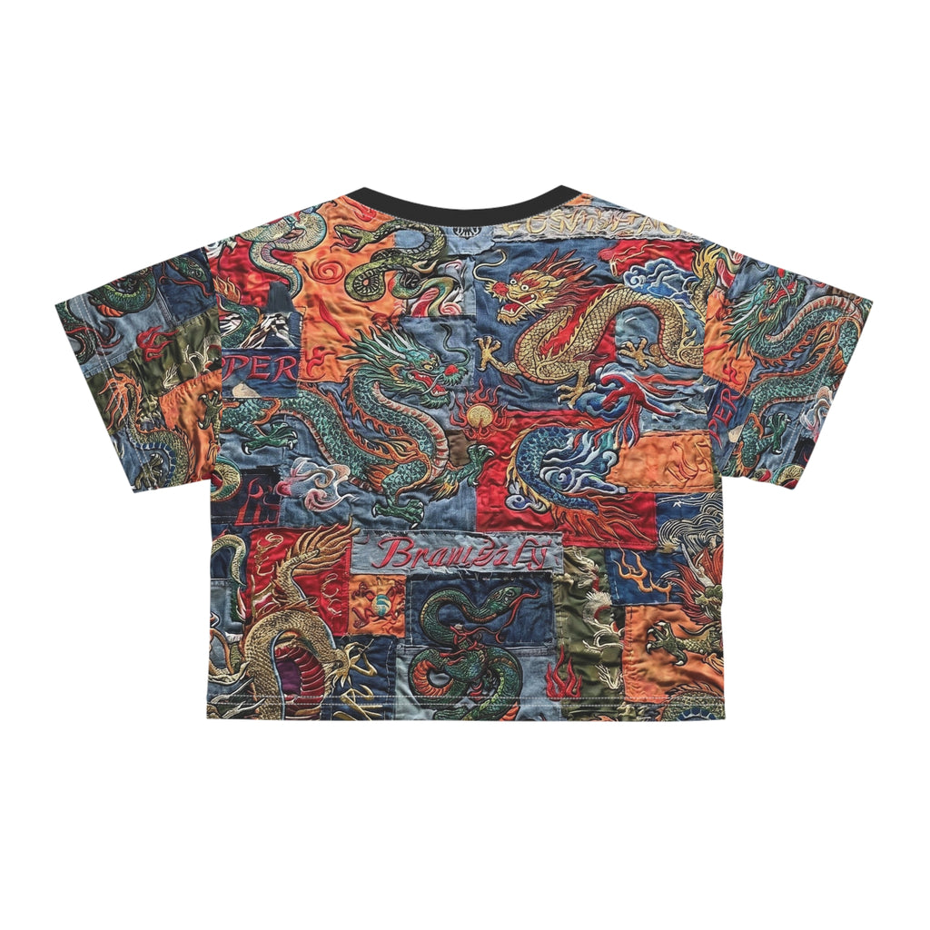Dragon Patchwork Crop Tee — Vintage Asian Tattoo Inspired All-Over Print