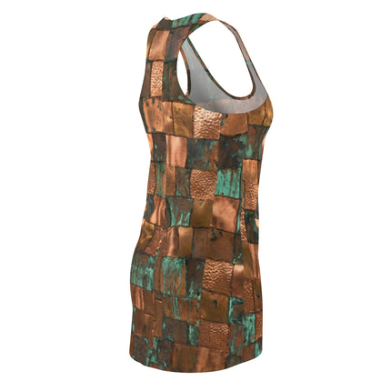 Copper themed Patchwork Autumn Racerback Dress — Multicolor Boho AOP Tank Dress