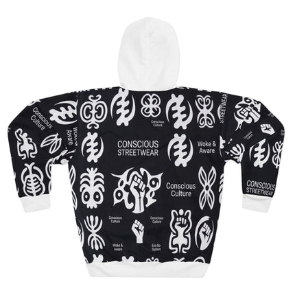 Conscious Streetwear Logo Hoodie – Black & White Symbol Pattern