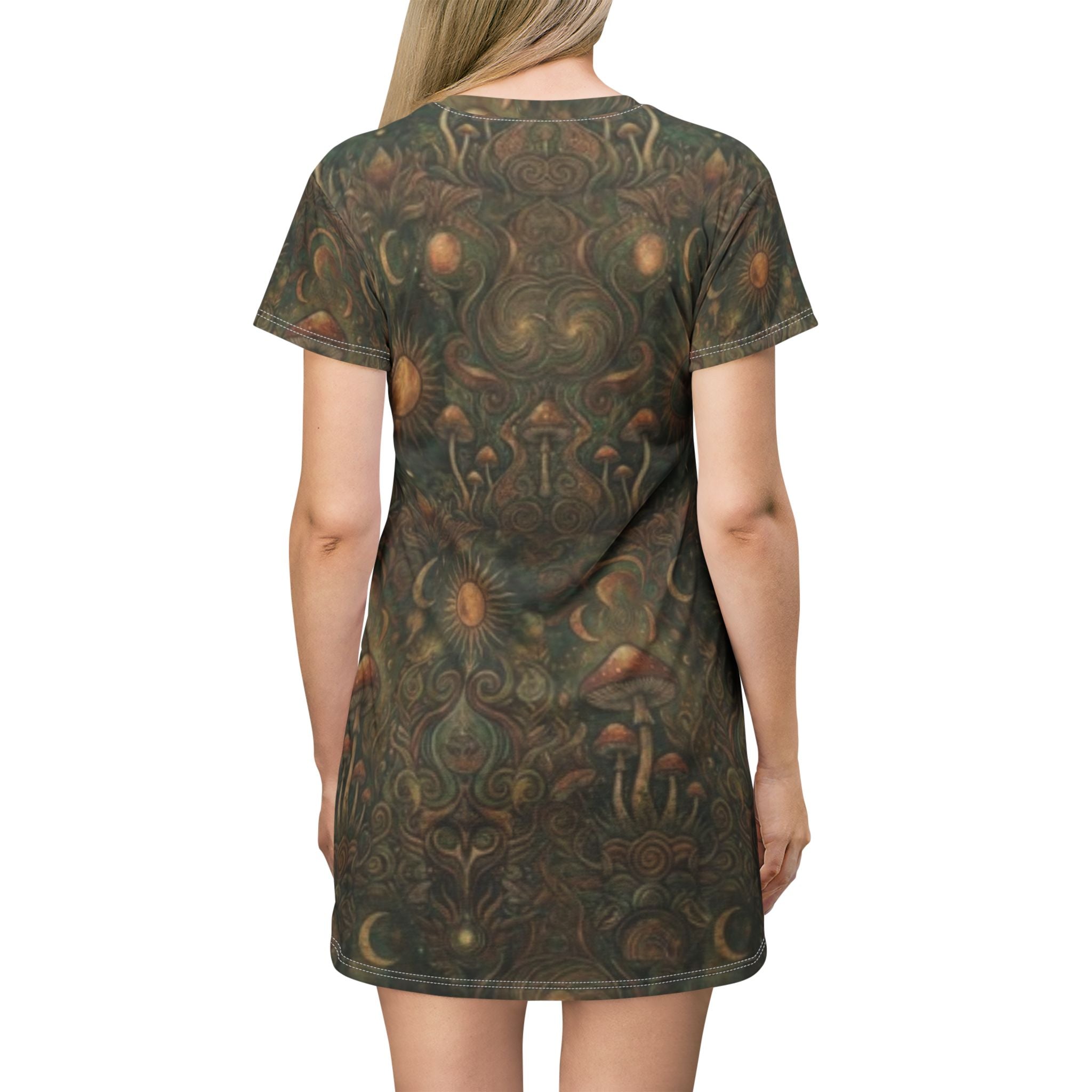 Mushroom Moon T-Shirt Dress — Boho Psychedelic Floral All-Over Print