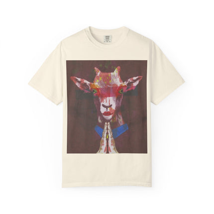 Praying Goat Art T-Shirt — Colorful Surreal Animal Portrait Tee