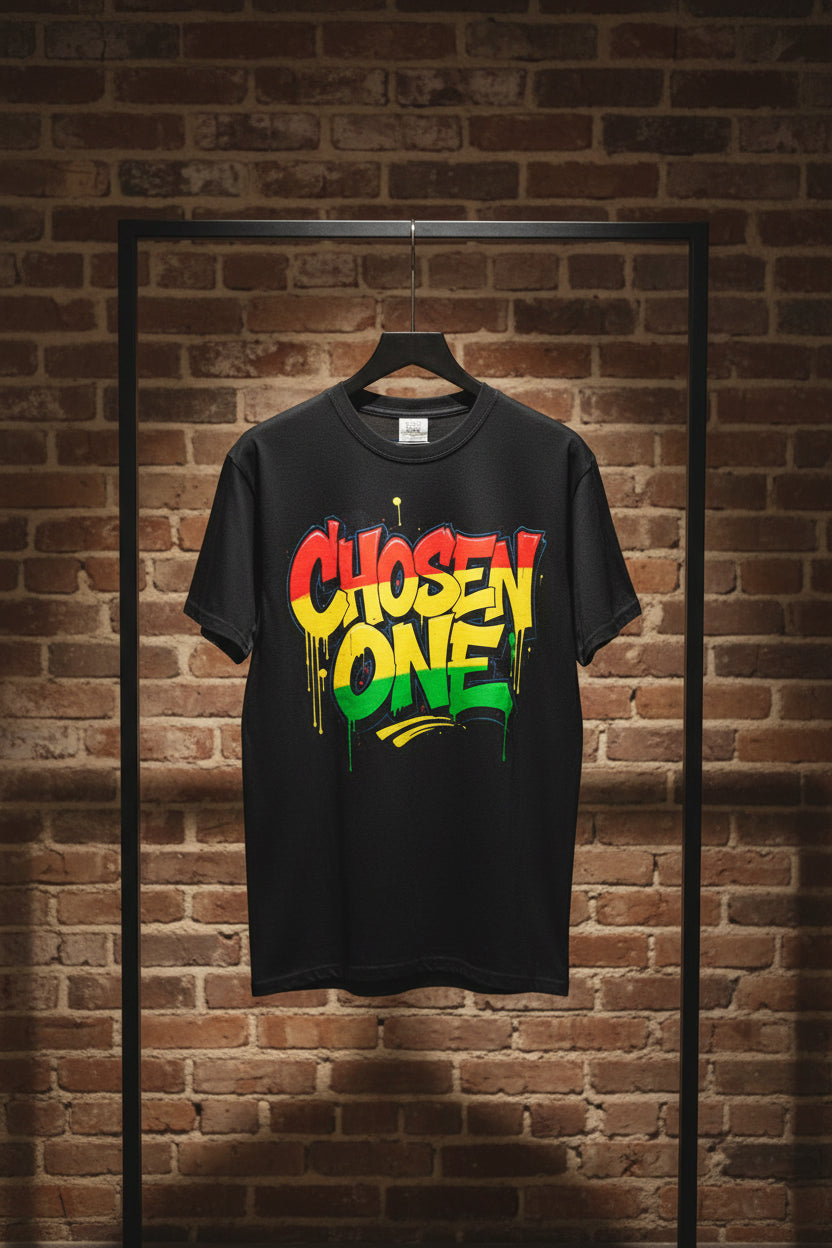 Chosen One Graffiti T-Shirt — Urban Streetwear Tee with Bold Rasta Colors
