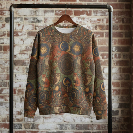 WKE Collage Theme All-Over-Print Sweatshirt — Vintage Sun & Moon Psychedelic Pattern