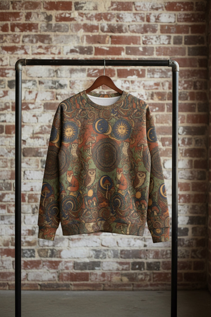 WKE Collage Theme All-Over-Print Sweatshirt — Vintage Sun & Moon Psychedelic Pattern
