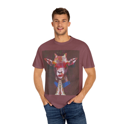 Praying Goat Art T-Shirt — Colorful Surreal Animal Portrait Tee