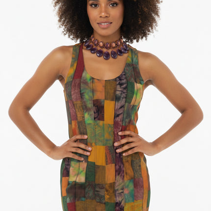 Patchwork Autumn Racerback Dress — Multicolor Boho AOP Tank Dress