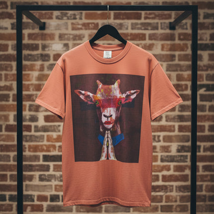 Praying Goat Art T-Shirt — Colorful Surreal Animal Portrait Tee