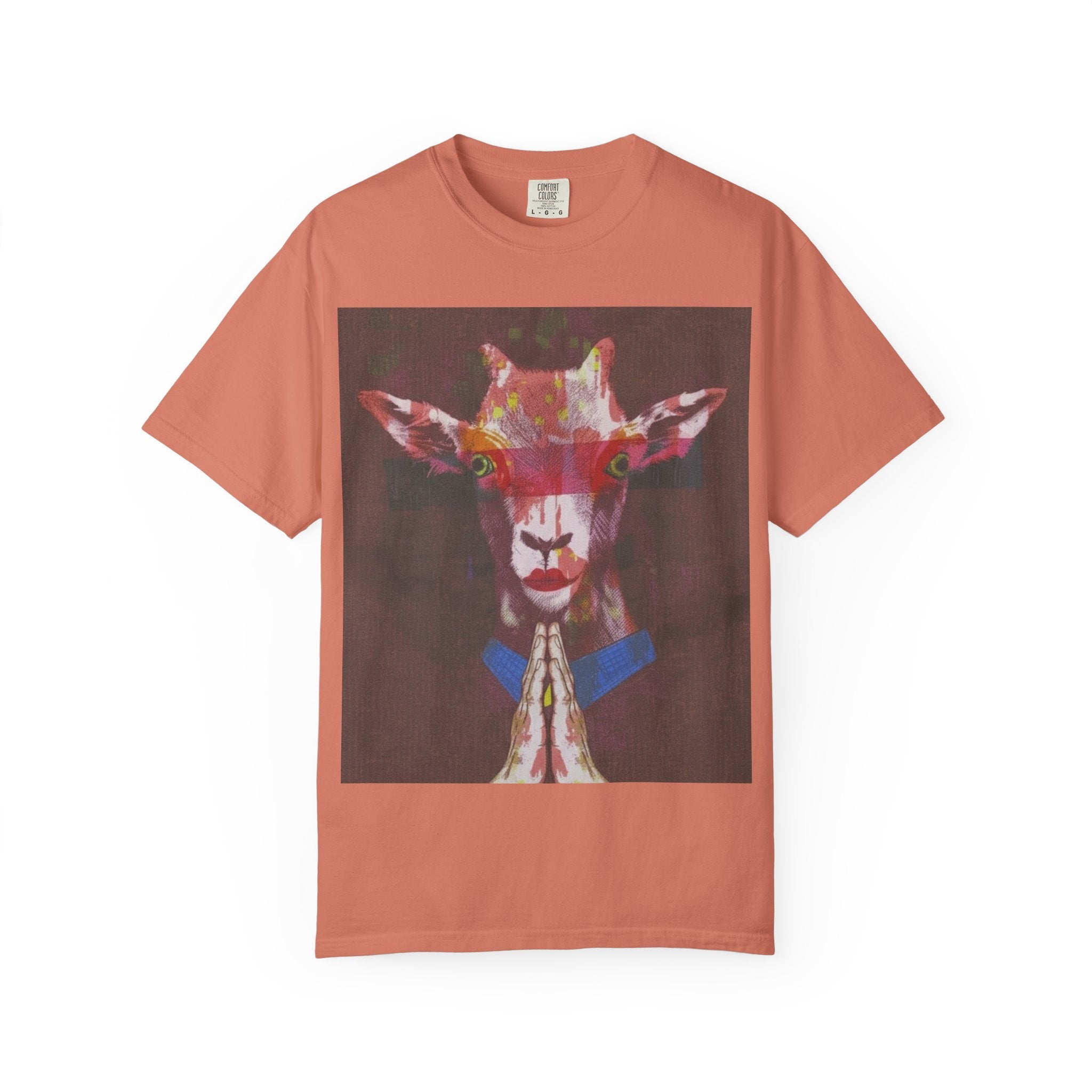 Praying Goat Art T-Shirt — Colorful Surreal Animal Portrait Tee