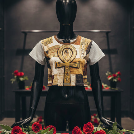 Egyptian print Crop Top Tee — Vintage Ankh & Script All-Over Print